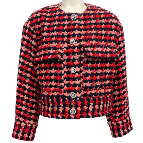 Essentiel Antwerp Red Multi Tweed Boucle Jacket with Crystal Buttons